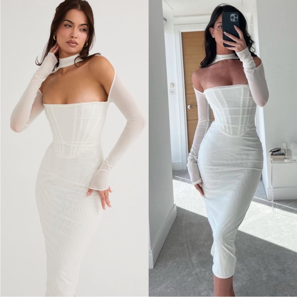House Of Cb 'Milarose' White Mesh Corset Midi Dress Nwot